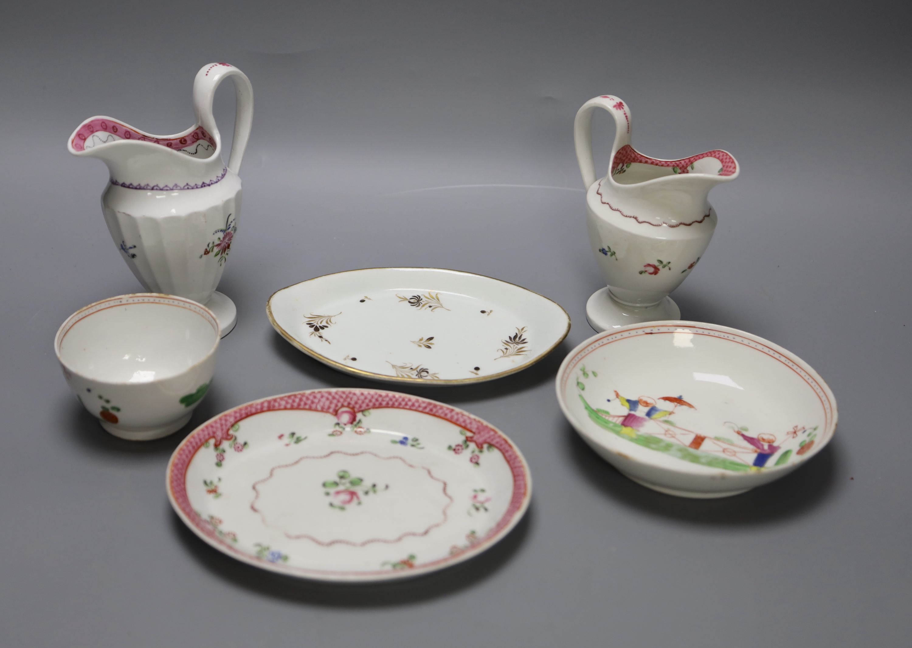 An 18th century New Hall teapot stand painted with pattern 173, a Chamberlains teapot stand pattern no 16, gold mark, two English hard